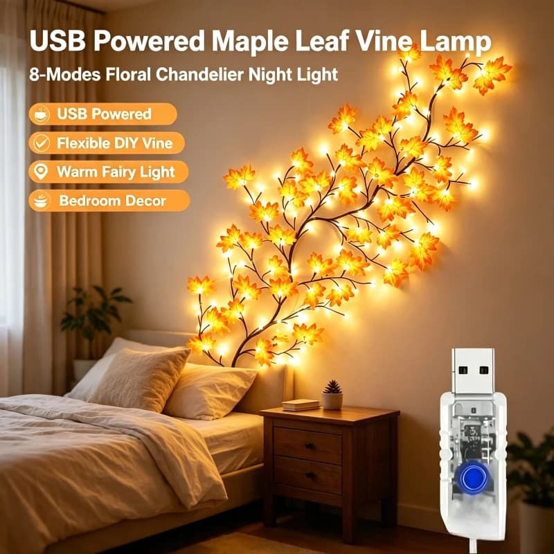 USB DIY Maple Rose Willow Vine Lamp 8‑Modes Decorative Floral Chandelier Night Light for Home Wall Bedroom Indoor Party Festival