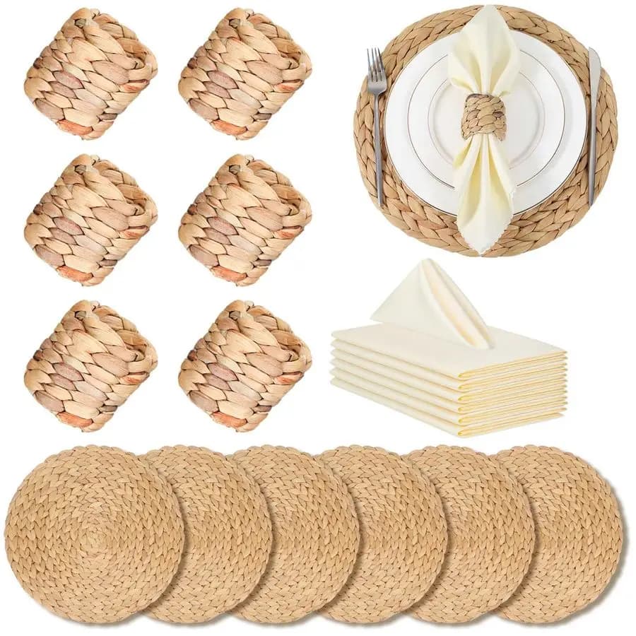 6 Set of Round Towels Braided with Wallet in Fabric, Water Fittings Resistant to Heat