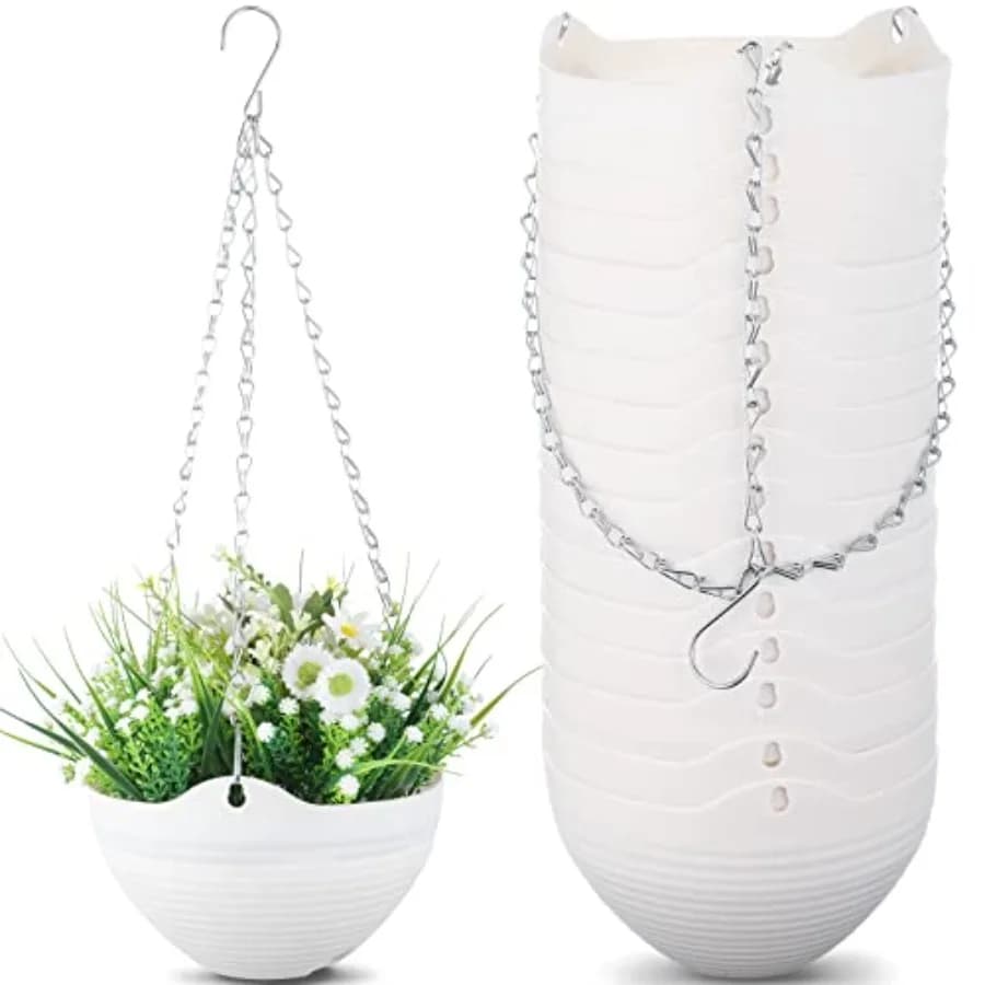 Set di 16 Vasi Sospesi Autoirriganti da 8 Pollici, Contenitori per Fiori e Piante da Giardino con Drenaggio e Catena, Vaso Rotondo Sospeso