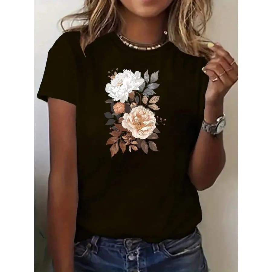 【New style】Women'S Floral Print T-Shirt - Short Sleeve Casual Crew Neck Spring/Summer Design With White And Peach Flowers All-S