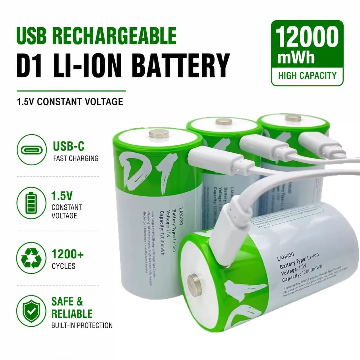 8PCS USB-C Rechargeable D Cell Batteries LR20 1.5V 12000mWh Li-ion Battery with Type-C Charging Cable, High Capacity for Gas Stove, Flashlight, Camping Lantern, Emergency Radio, Boombox, Battery Operated Devices
