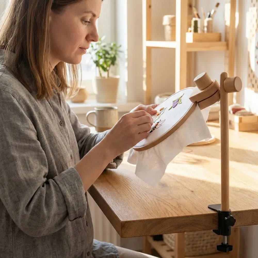 Supporto per telaio da ricamo in legno di faggio con rotazione a 360 gradi, morsetto regolabile, supporto per punto croce, clip fai-da-te, supporto per lavori di cucito