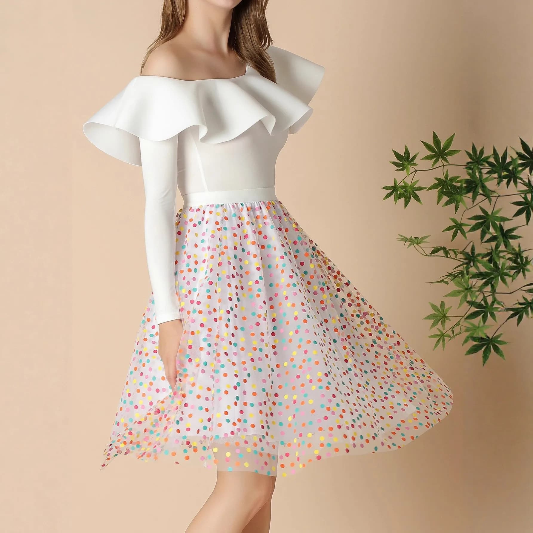 Gonna Midi Fairy Halter in Tulle Colorato con Stampa a Pois per Donna