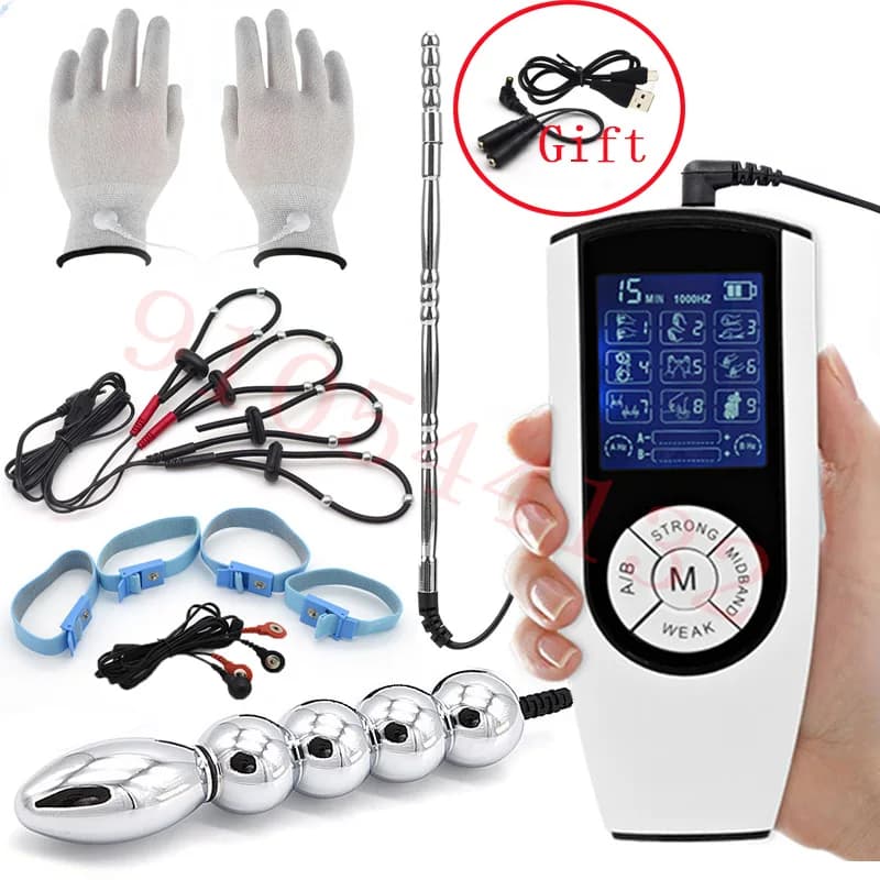 Forte elettro Shock anale vaginale Plug uretrale suono asta dilatatore anello del pene elettrico stimolare guanti da massaggio SM Kit giocattolo del sesso