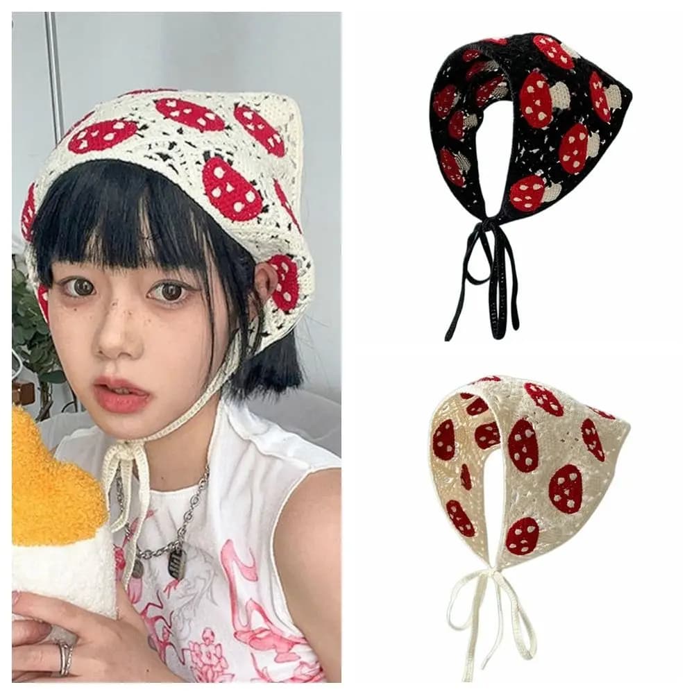Fascia per capelli in maglia a forma di fungo Sciarpa Bandana a triangolo cavo in cotone all'uncinetto Dolce e carino Fascia per turbante Copricapo