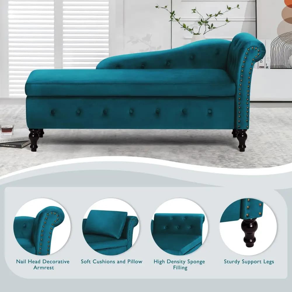 Chaise longue con bracciolo destro e cuscino lombare, divano lounge trapuntato con bottoni e contenitore, poltrona lounge da interno, moderna in velluto
