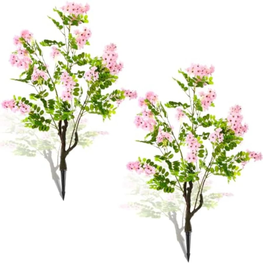 2 Pezzi Albero di Fiori Artificiali da 32'' per Esterni, Piante Finte Resistenti ai Raggi UV, Albero Fiorito con Picchetto Realistico Verde