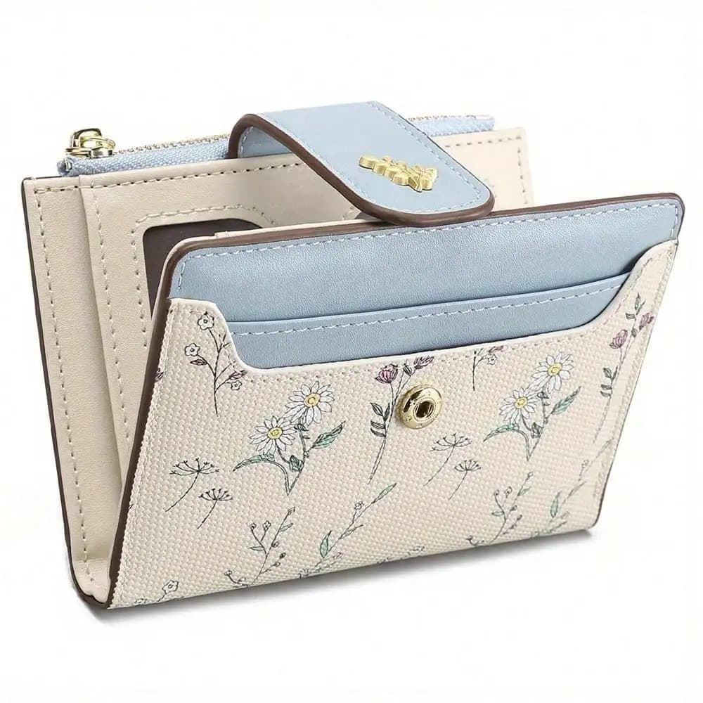 Elegante portafoglio bifold schermato RFID da donna: punteggiato beige/azzurro, clip con cerniera, slot multipli, compatto per l'uso quotidiano e i regali