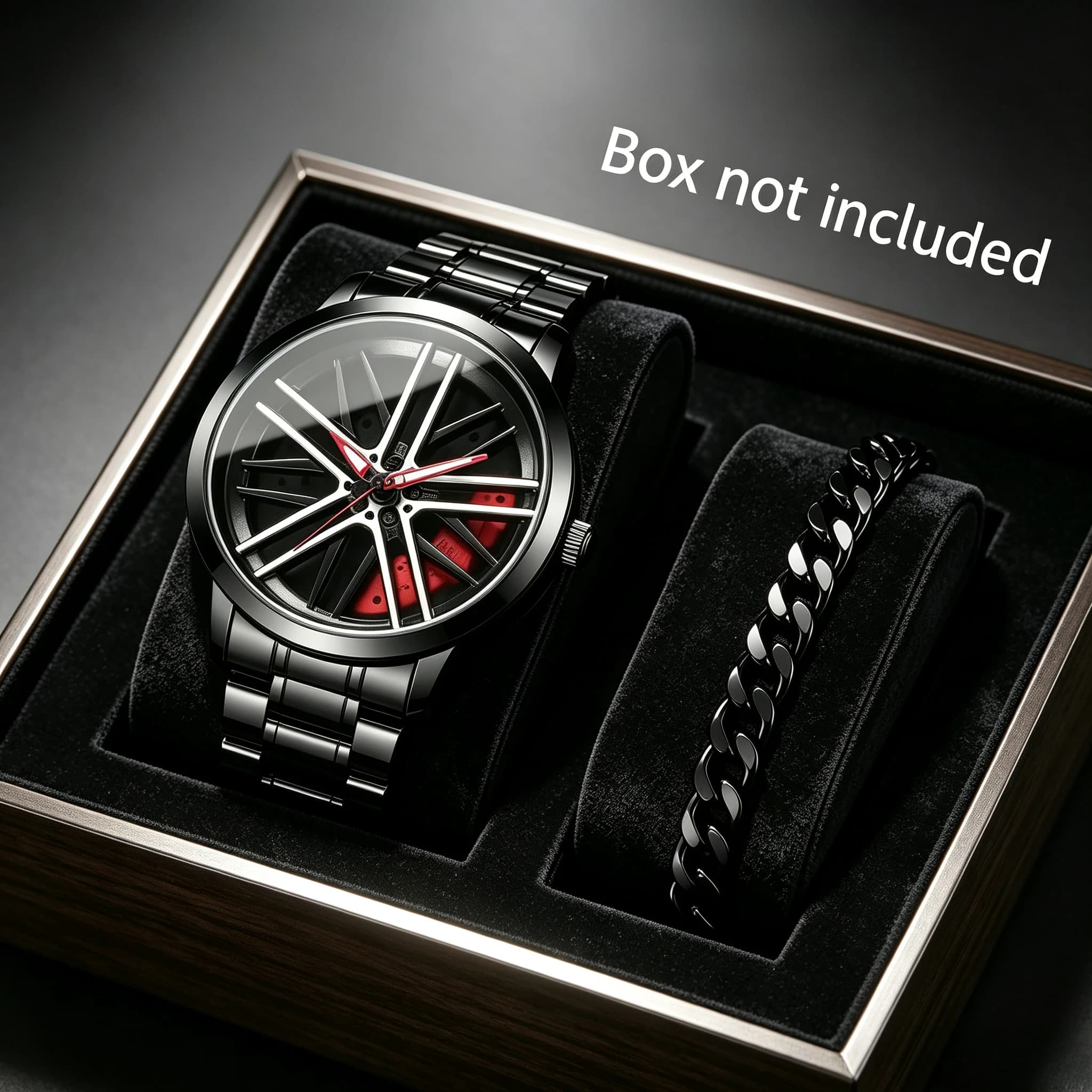 2PCS Men Car Rim Quartz Watch With Cuban Bracelet Black Stainless Steel Band Sports Male Wrist Watch Gift (Without Box)