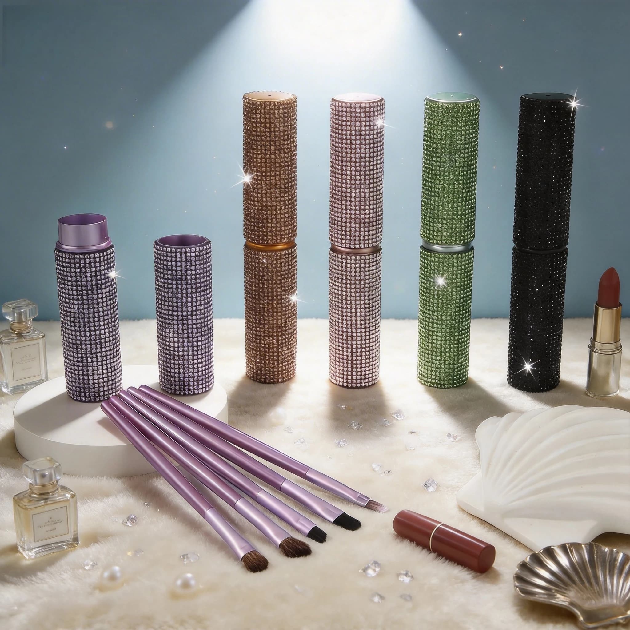1Set Luxury Bling Rhinestone Cased 5PCS Eyeshadow Brush Set, Premium Synthetic & Natural Hair Eye Makeup Brushes for Shading Blending Detail Eye Cosmetic, Multi-color Option Travel Eye Brush Kit