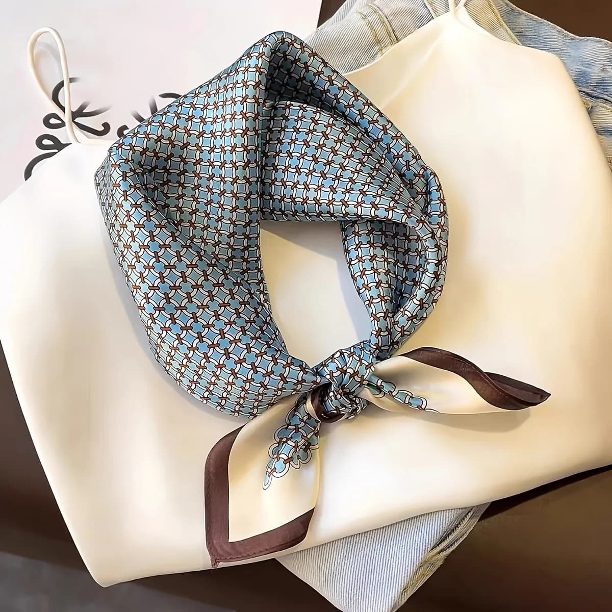 Blue Brown Interlocking Geometric Satin Small Square Scarf Women Office Neck Scarf with Coffee Border