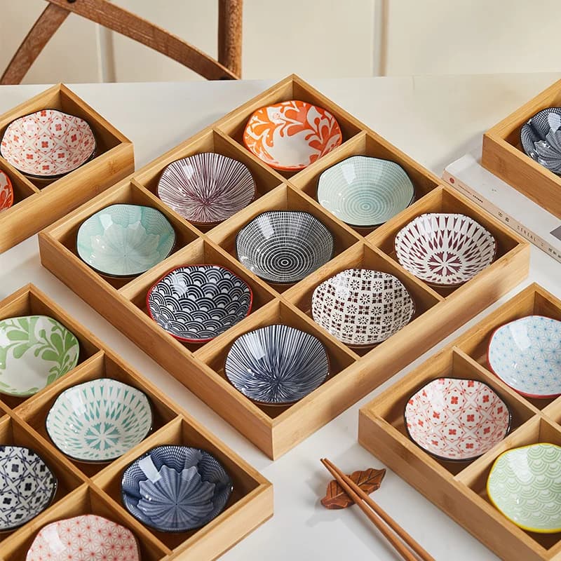 Wooden Tea Cooking Tray Utensils Four Grids Hot Pot Restaurant Sauce Dish Ceramic Material Style Fruit Tray