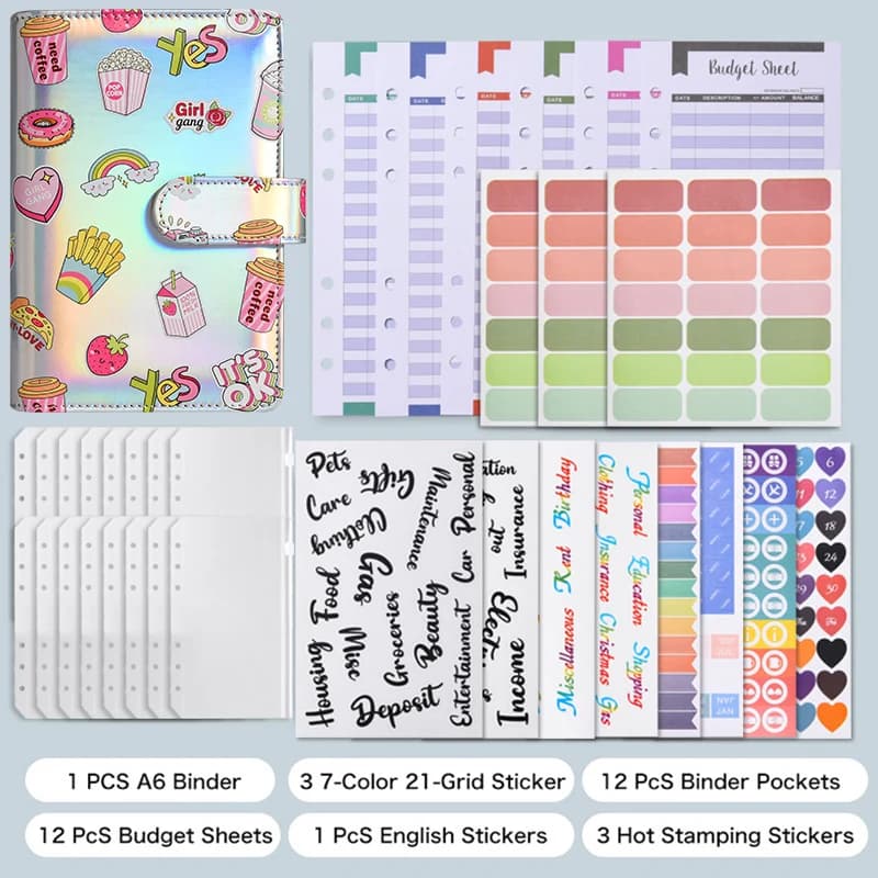 Copertine per Quaderni A6 con Motivi Cartoon, Raccoglitori Laser, Pochette per Budget Planner, Buste in Plastica con Cerniera per Risparmio