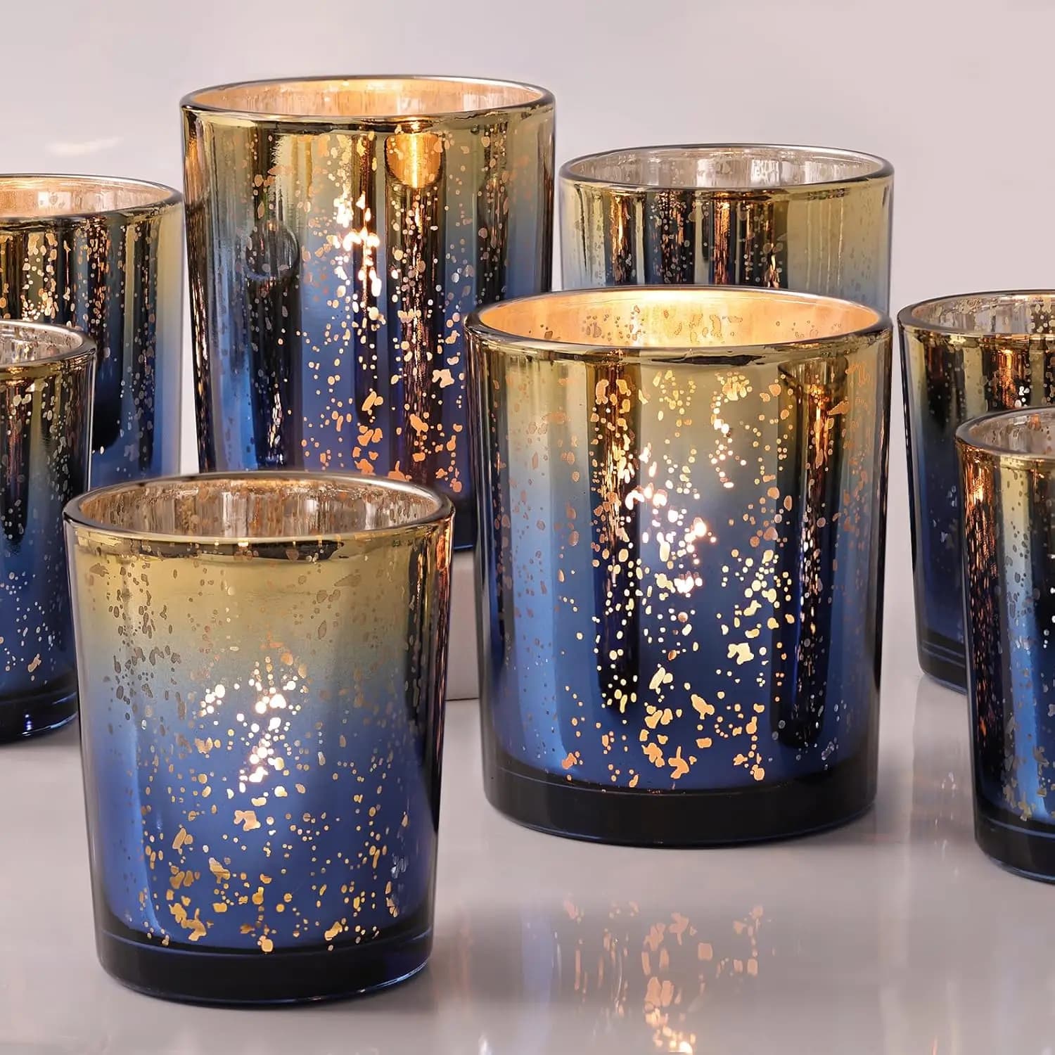Set of 12 Blue Navy Votive Portal, Big Glass Mercurized with Dots, for Wedding Centerpieces, Blue and Gold Party Decorations