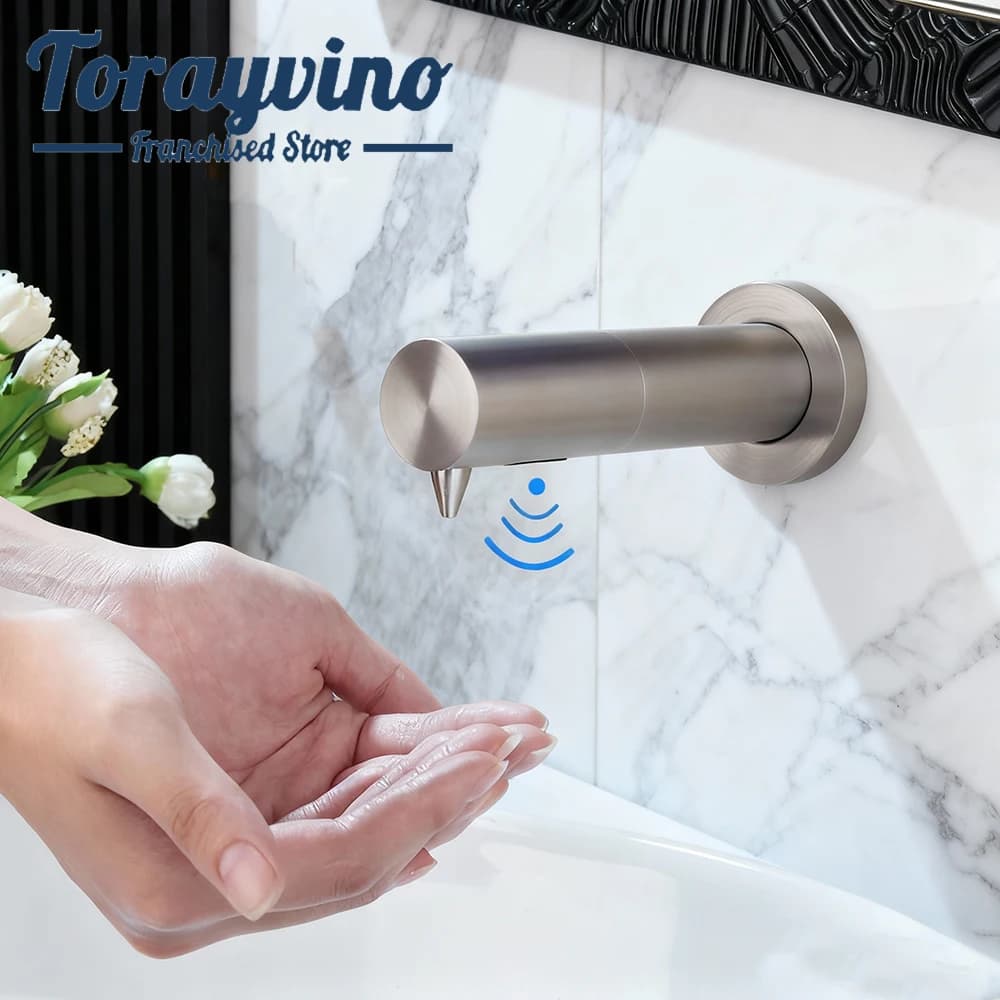 Torayvino Dispenser di sapone con sensore da 500 ml Dispenser automatico di lozioni per sapone liquido per cucina e bagno Montaggio a parete in acciaio inossidabile
