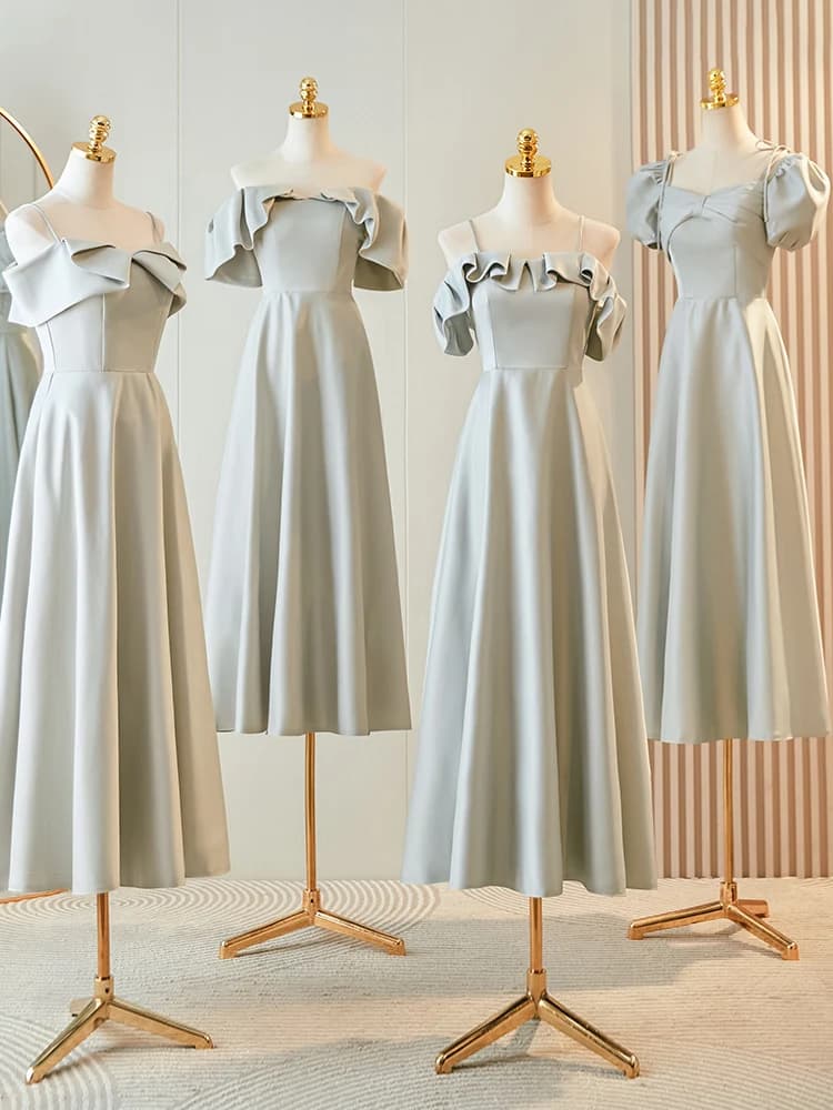 Abito da damigella in raso grigio da donna, nuovo modello estivo 2026, elegante, a vita alta, gonna a trapezio, abito da sposa a maniche corte, lungo