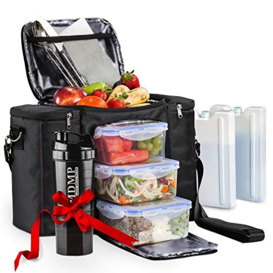 Borsa/scatola per la preparazione dei pasti per uomini e donne + 3 contenitori grandi per alimenti da 45 Oz. + 2 Grandi impacchi di ghiaccio riutilizzabili + Tracolla + Shaker Wit