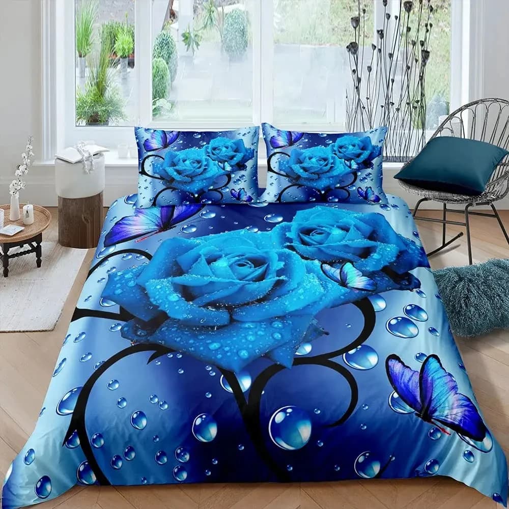 Set copripiumino rosa blu King Size Set biancheria da letto con fiori stampati in 3D Set copripiumino in poliestere botanico per San Valentino