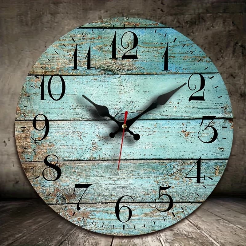 Silent wall clock in turquoise wood, green blue water veins vintage round drums, without ticking for the house K