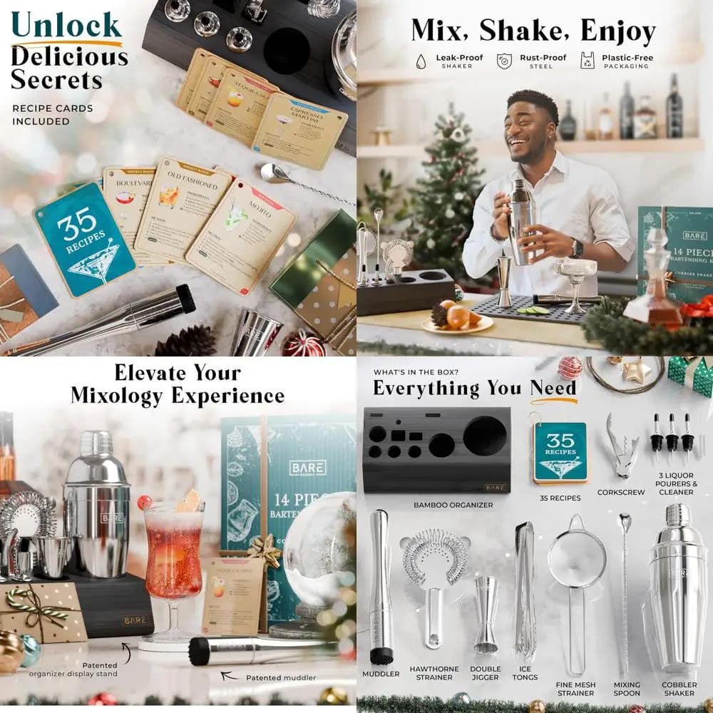 Kit da cocktail da 14 pezzi con 35 ricette | Set da Barman per Casa | Shaker Cobbler da 24 once Argento/Nero