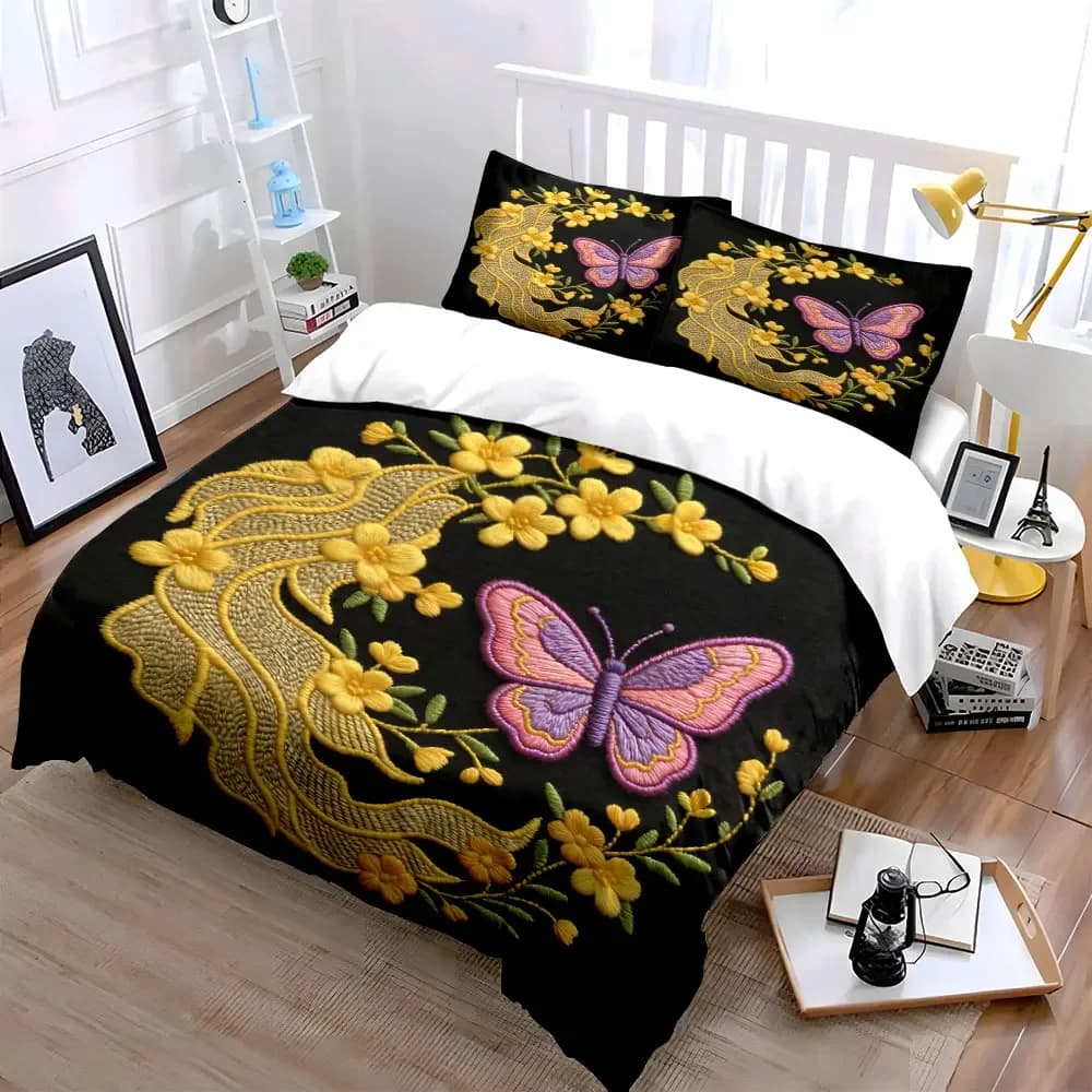 Set di Biancheria da Letto con Ricamo Floreale a Farfalla, Morbido e Confortevole, Include 1 Copripiumino e 2 Federe, Idea Regalo