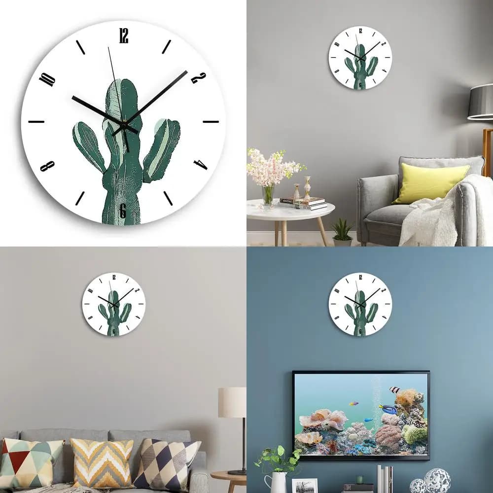 Fresh Natural Silent Round Acrylic Wall Clock with Nordic Style Cactus Tree, Quartz Movement