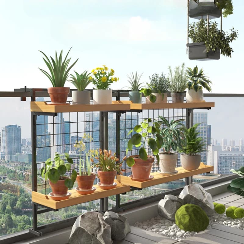 Wood Tiered Balcony Railing Planter Double Layer Iron Hanging Shelf for Succulents Herb Garden Organizer Flower Pot Holder