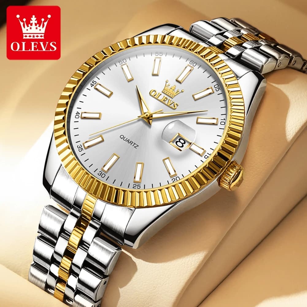 OLEVS 5593 Orologio di Lusso da Uomo, Impermeabile, in Acciaio Inossidabile, con Calendario e Luminoso, al Quarzo