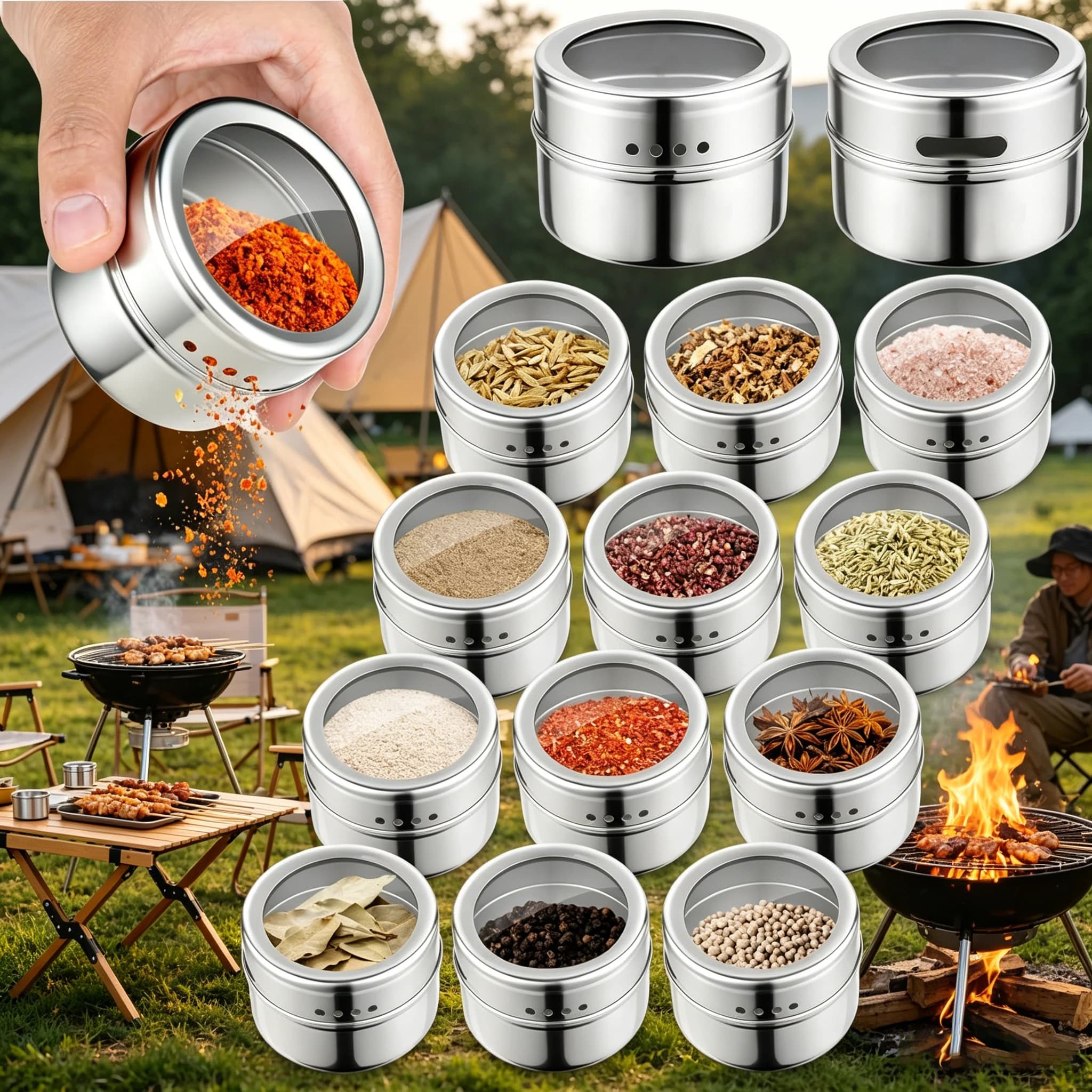 Set di Contenitori Magnetici in Acciaio Inox per Spezie da Cucina, Barattoli per Pepe e Condimenti, Organizzatore per Spray