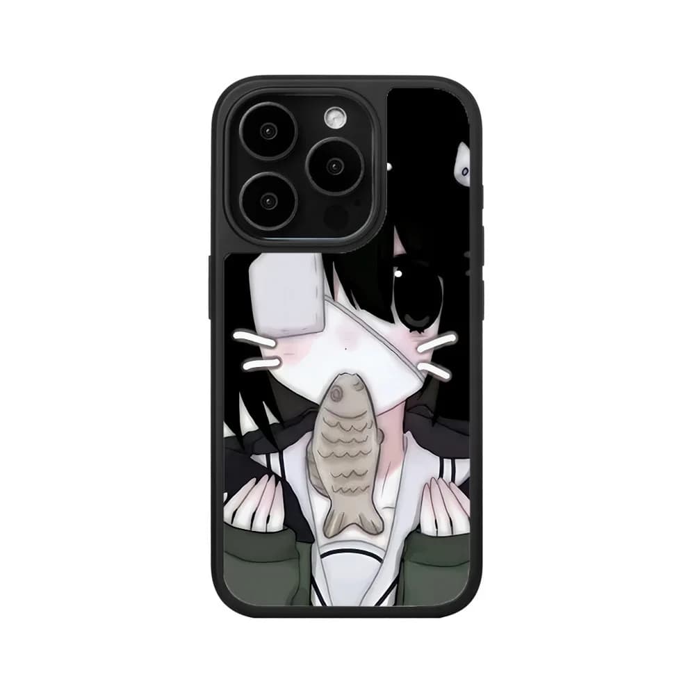 Anime Pesce Mangiare Ragazza Illustrazione Scatola Nera Cassa Del Telefono per IPHONE 16PRO MAX 14 13 12 11 PRO 16 Plus Custodie Per Cellulari In Acrilico