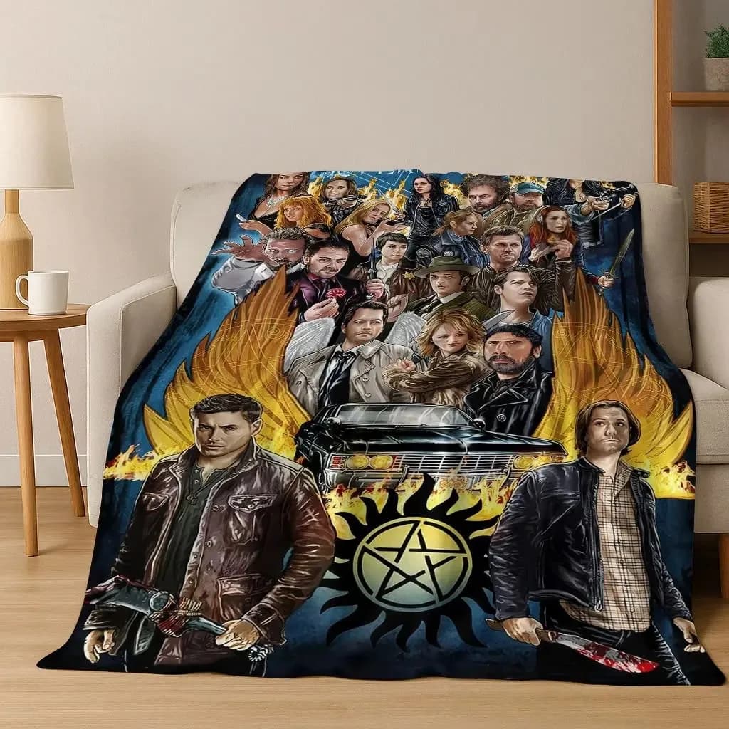 SPN Supernatural Dean Sam Winchester Castiel Flannel Blanket,Cozy Soft Throw Blanket for Home Bedroom Bed Sofa Cover Kids Gift