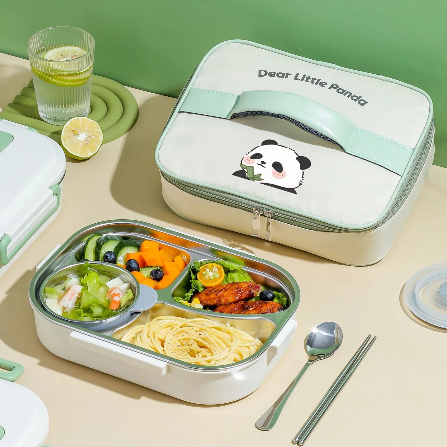 Panda Lunch Box Termico in Acciaio Inossidabile per Adulti e Bambini con Set di Posate Cassaforte per Microonde 4/5 Griglie per Picnic Scolastico
