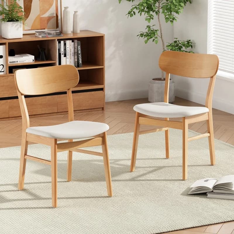 Sedie da pranzo in 2 pezzi con cuscino in tessuto, gambe in legno massello di gomma, beige chiaro