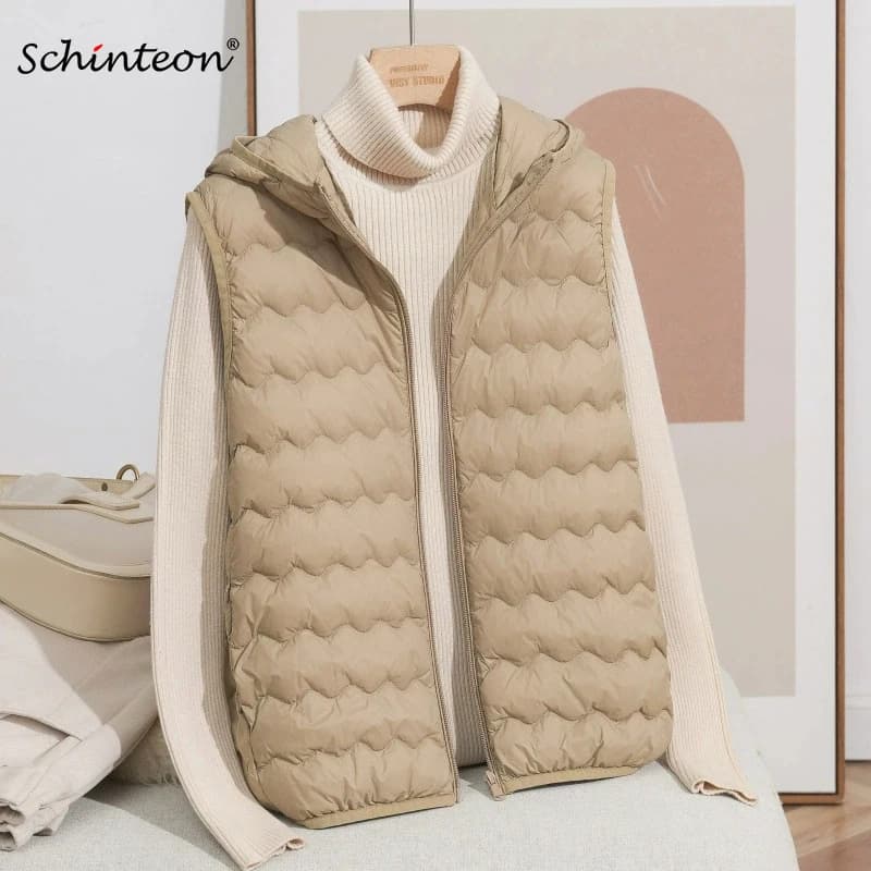 Schinteon Women's 90% Lightweight White Duck down Vest Autumn Winter Warm Top with Hood 2025 New Sleeveless Jacket