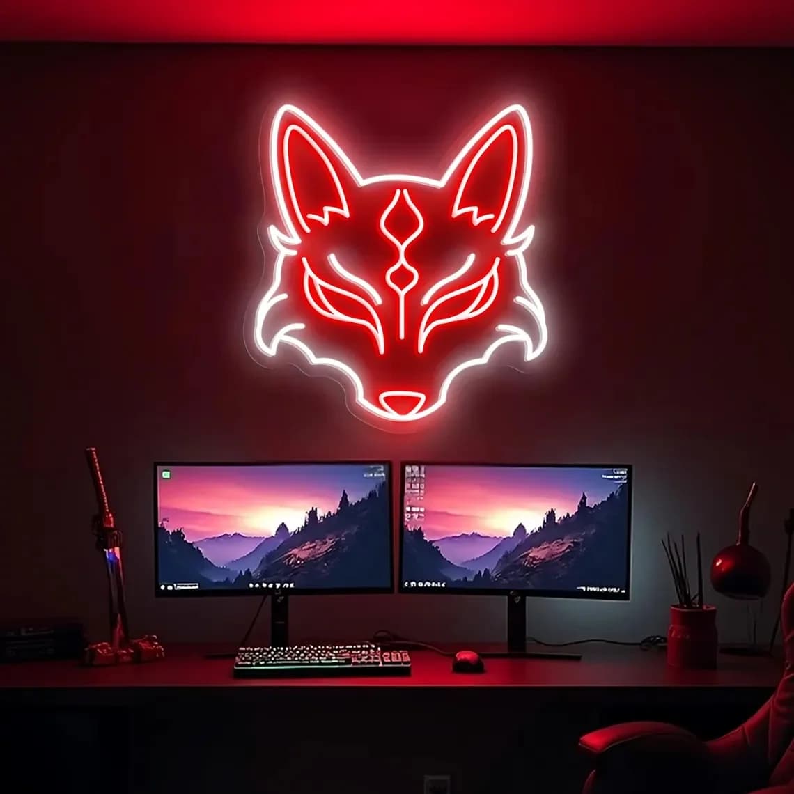 Kitune Mask Insegna al neon Spirito di volpe giapponese Luce a LED Decorazione da parete Insegna al neon di volpe Anime Room Decor Insegna al neon