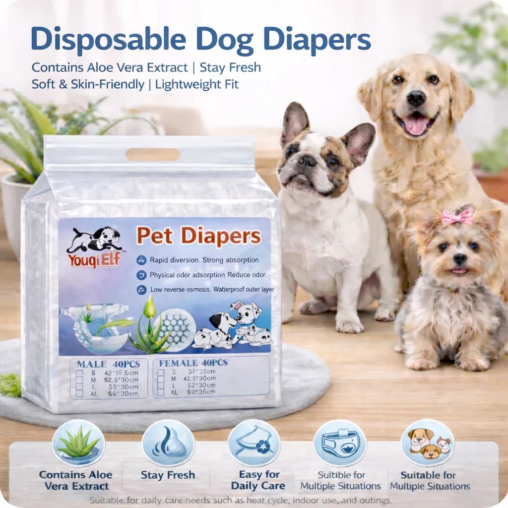 Youqi Elf 40-piece male dog diapers with aloe vera essence, pH-balanced surface layer, deodorizing and odor-preventing, comfortable and dry, instant absorption to prevent leakage