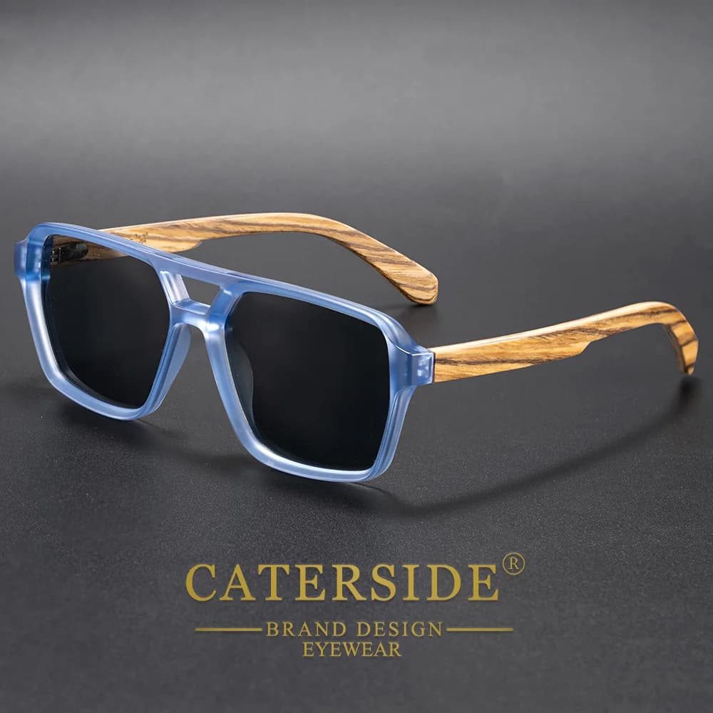 CATERSIDE Occhiali da sole da uomo stile pilota con aste in legno massello e design a doppio ponte piatto, occhiali da sole da donna alla moda per l'estate e l'outdoor