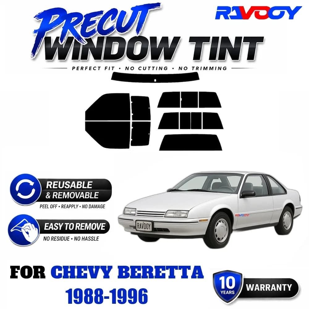 RAVOOY Precut Window Tint, Reusable Removable EPU Film, Custom Fit for Chevy Beretta 1988-1996, UV Heat Protection