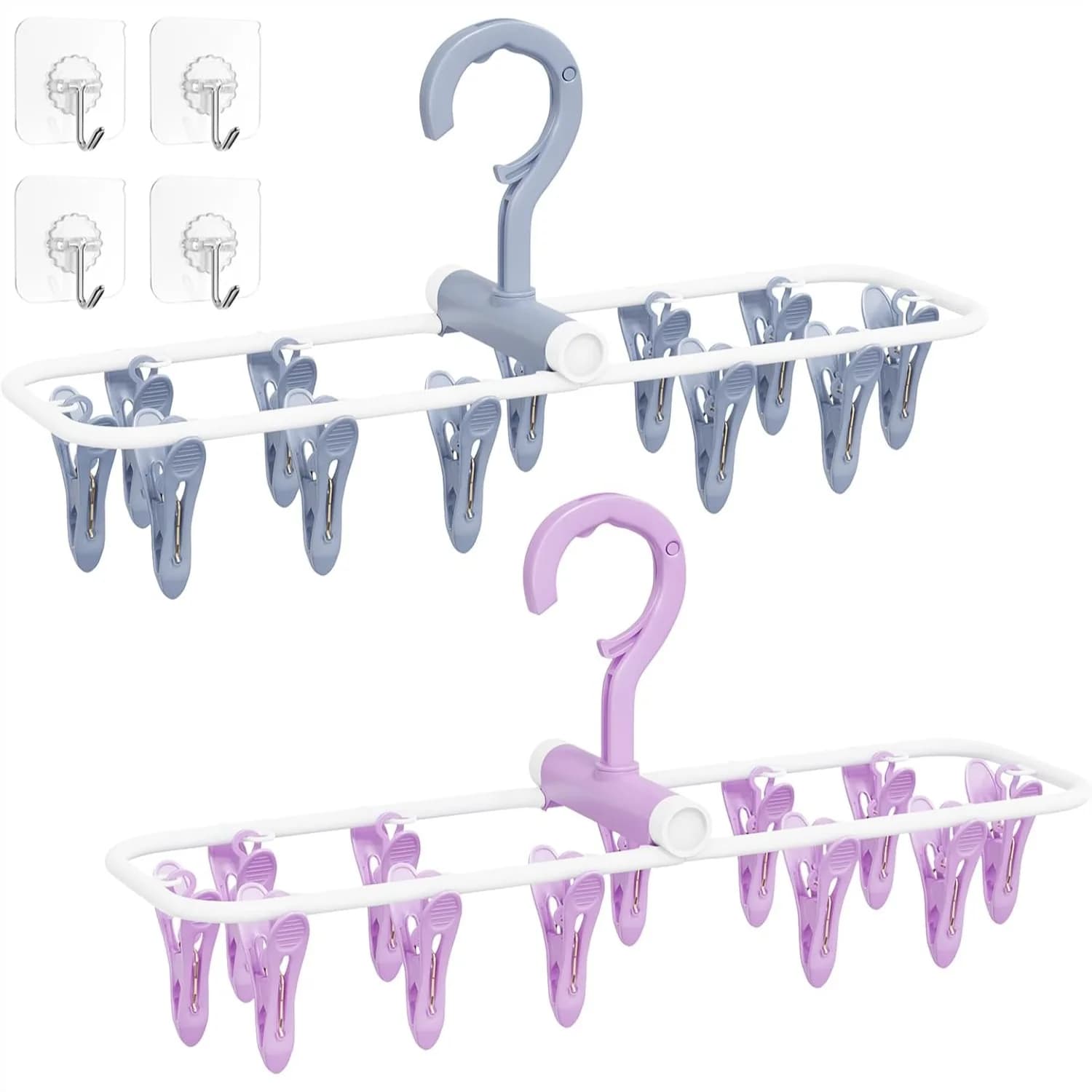 Stendibiancheria Pieghevole con 12 Clip, Set da 2 Stendini Portatili Girevoli a 360° ° Gancio Girevole per Asciugamani, Reggiseni e Vestiti per Bambini