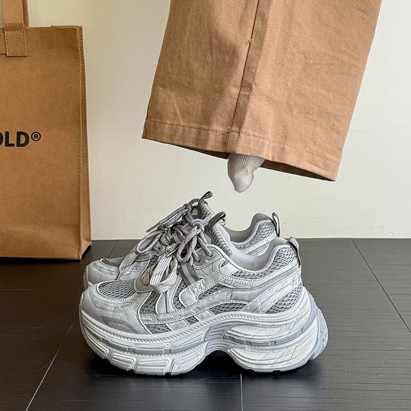 New Women's Spring Shoes Synthetic Leather and Net, Fashion Breathable Casual Sport Shoes with 7CM Volcano Platform, Dad Shoes Style