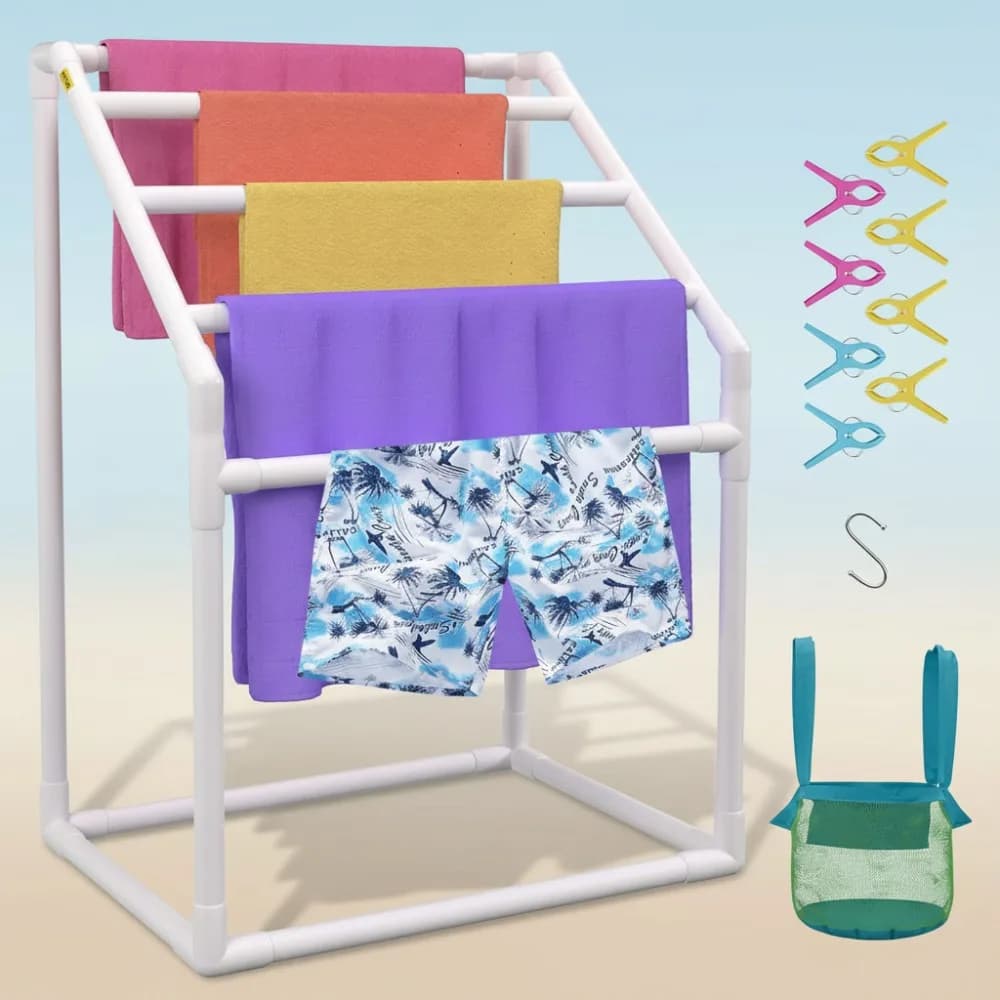 Portasciugamani da piscina da esterno indipendente a 5 barre con 8 clip e borsa a rete, organizer in PVC bianco per spiaggia e piscina
