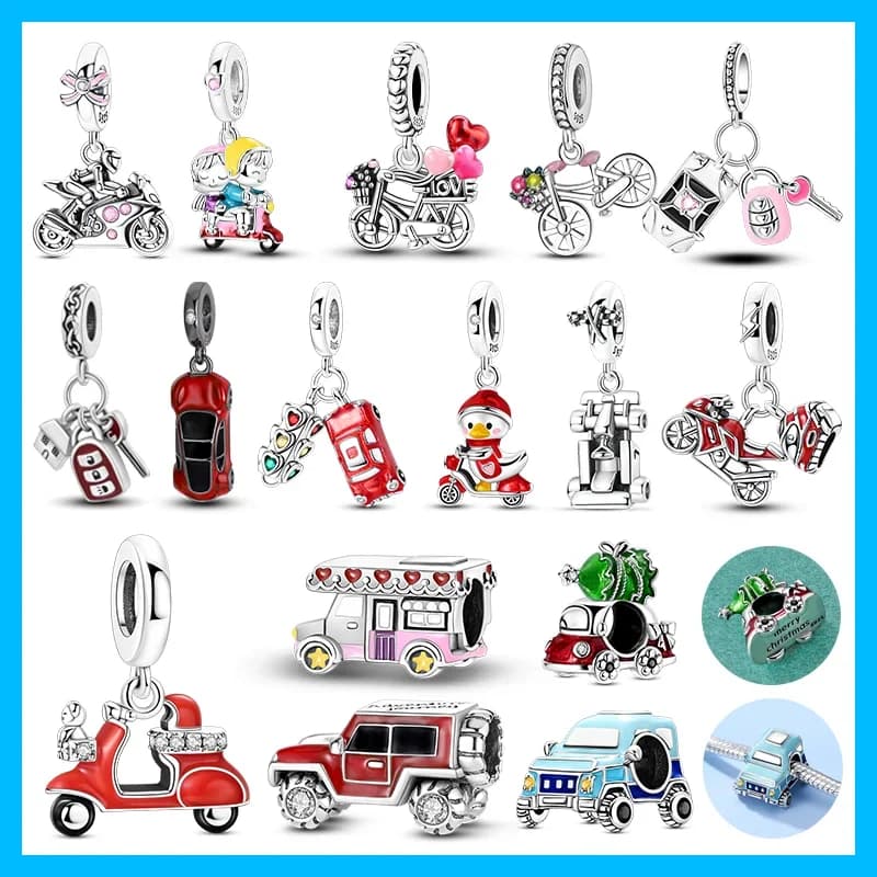 Bicycle Car RV SUV Vehicle CZ Dangle Original Charms Silver Plated Beads Fit Bracelets Bag Keychain Diy Women Gift Accessory