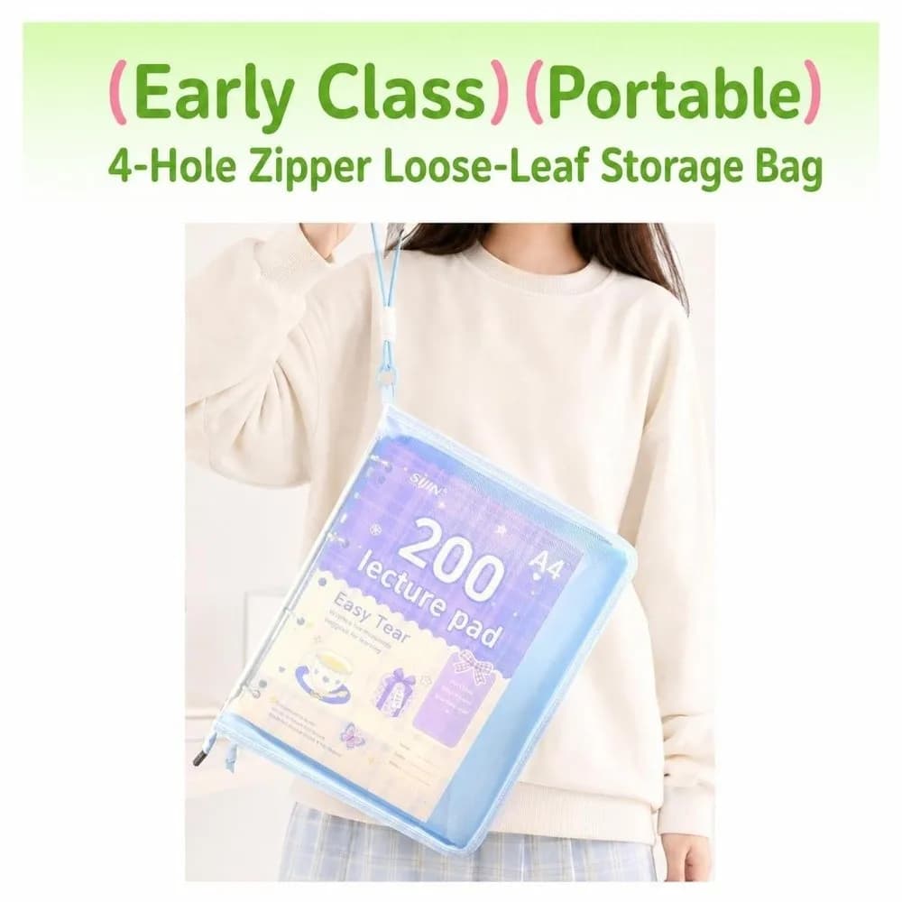 Durable 4-Hole Loose-leaf A4 Binder Folder, Transparent with Handle File Bag Zipper Document Pouch Students