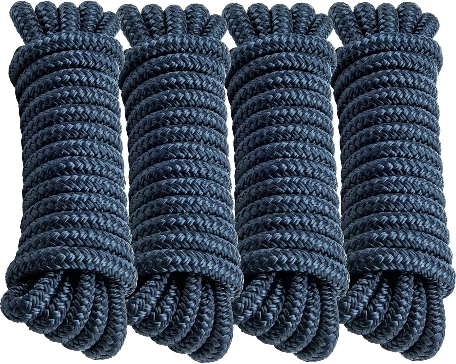 Confezione da 4 Corde per Ormeggio Barca da 1/2" x 15' per Pontone, in Nylon a Doppia Treccia di Grado Marino, con Occhiello Pre-attaccato da 12", Blu Navy