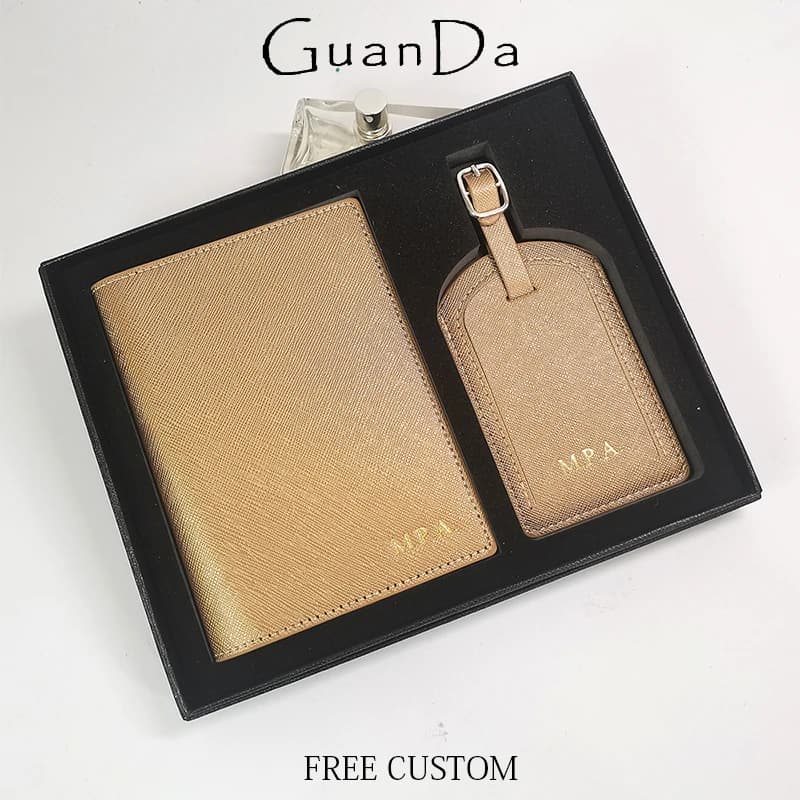 Set di etichette per bagagli con copertina per passaporto in pelle di lusso con scatola Nome personalizzato Porta passaporto Etichetta per valigia personalizzata Regalo all'ingrosso