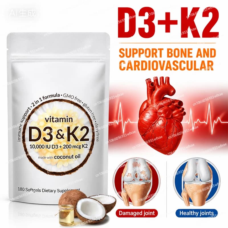 Vitamin D3 + K2 Supplement with Coconut Oil - Promotes Strong Bones, Calcium Absorption, Teeth, Heart, Cardiovascular Health