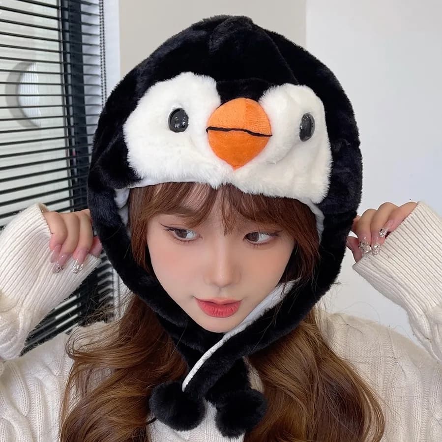 Cute Penguin Plush Hat Winter Warm Earflap Hoodie Cap Kawaii Animal Headgear for Women Girls