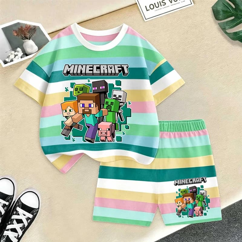 Set di magliette estive Minecrafted per bambina e bambino, 2 pezzi, pantaloncini, top + pantaloncini, tuta sportiva estiva per bambini