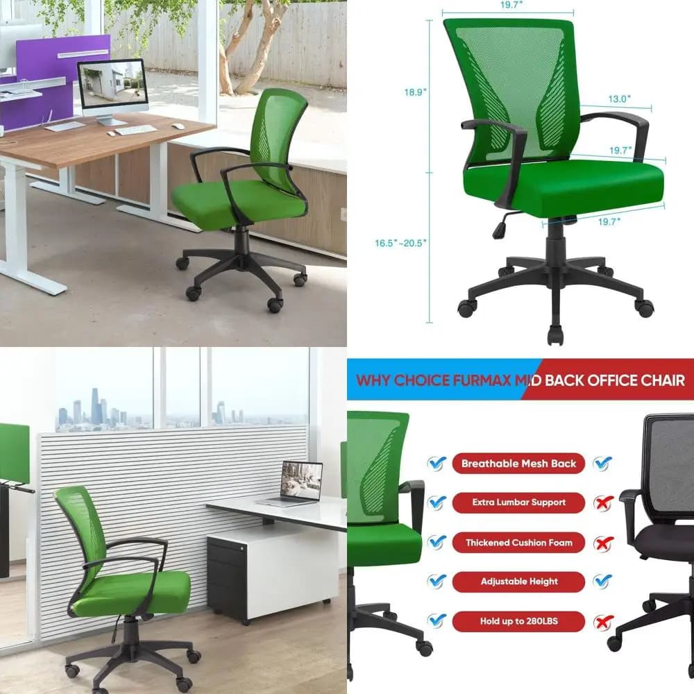 Sedia da ufficio ergonomica girevole con schienale medio con supporto lombare e braccioli, verde (confezione da 2)