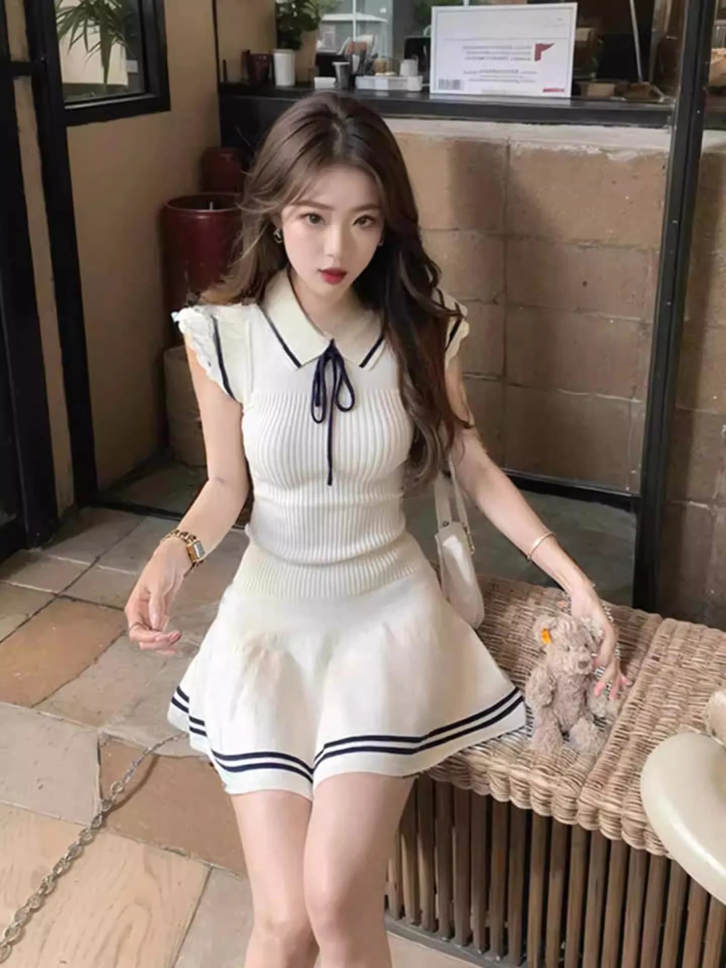 Summer Thin Knitted Dress with Belt High Waist A-Line Skirt Short Sleeve Sweet Style College Navy Wind Small Fly Sleeve Dress